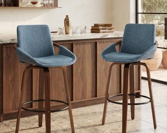 Swivel Bar Stools 26 Inch Bar Height, Mid Century Modern Walnut Bentwood Barstool, Upholstered Linen Fabric High Island Chair