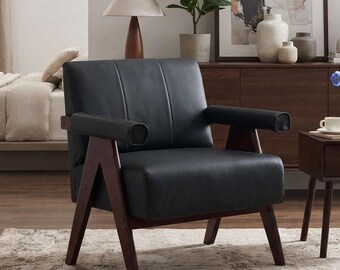 Sillón auxiliar de cuero de estilo moderno de mediados de siglo con brazos de madera en forma de V invertida, sillón con cojín de 18 cm de grosor para sala de estar, silla de oficina en nogal oscuro