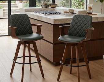Taburetes giratorios de altura de mostrador de mediados de siglo, silla de isla de cocina de madera curvada de nogal con brazos, taburetes de bar modernos de piel sintética para el hogar.