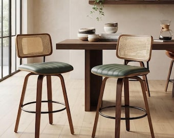 Set of 2 Swivel Bar Height Stools 30 Inch, Rattan Cane Back Walnut Wood Bar Stool, Mid Century Faux Leather Kitchen Island Home Bar Chairs