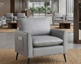 Sillón auxiliar moderno de mediados de siglo en piel sintética gris, sillón alemán con nanotecnología apto para mascotas, silla de lectura ergonómica con patas metálicas para oficina.