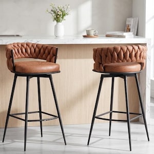 Bar Stools Set of 2, Modern Faux Suede Barstools with Woven Back and Metal Leg Chair for Kitchen Island, Coffee Bar