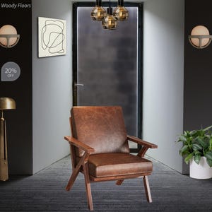 Accent Wooden Chair, Faux Leather Brown Chair, Mid-Century Modern Chair, Leather Armchair, Brown Reading Chair, Comfy Upholstered Grey Chair image 3