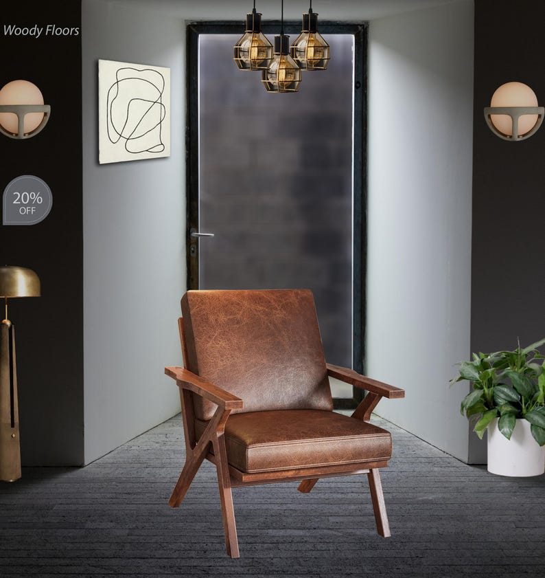 Accent Wooden Chair, Faux Leather Brown Chair, Mid-Century Modern Chair, Leather Armchair, Brown Reading Chair, Comfy Upholstered Grey Chair image 3