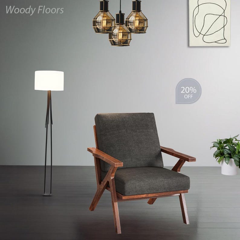 Accent Wooden Chair, Faux Leather Brown Chair, Mid-Century Modern Chair, Leather Armchair, Brown Reading Chair, Comfy Upholstered Grey Chair image 5