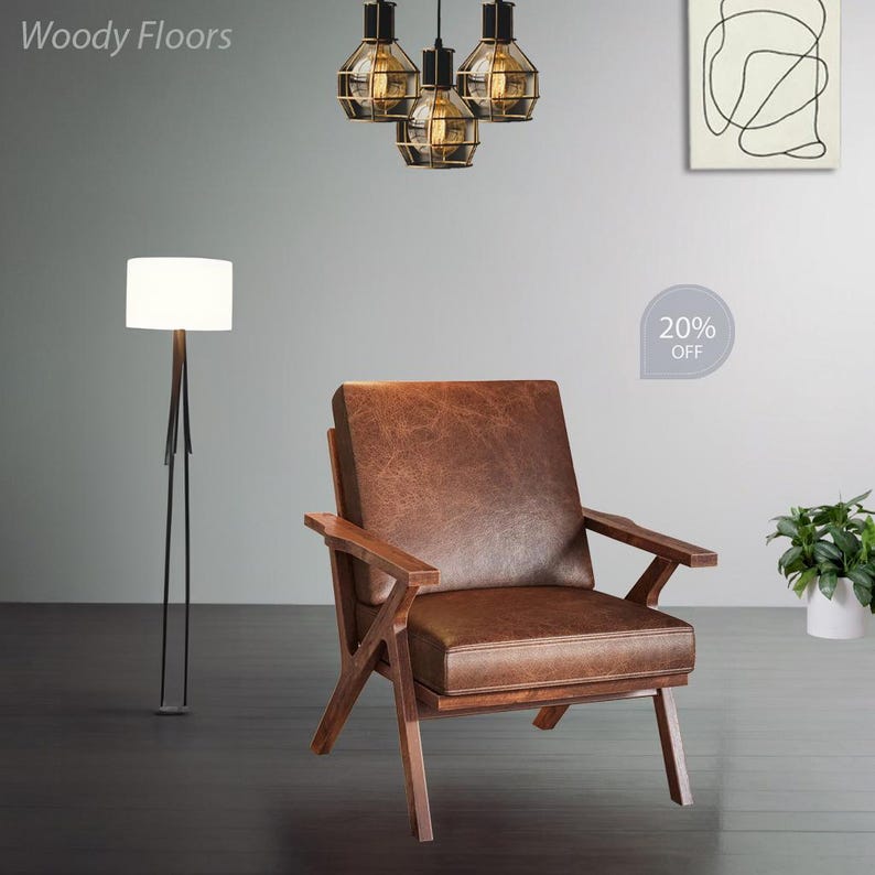 Accent Wooden Chair, Faux Leather Brown Chair, Mid-Century Modern Chair, Leather Armchair, Brown Reading Chair, Comfy Upholstered Grey Chair image 2