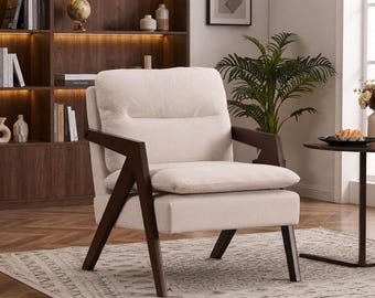 Sillón auxiliar de estilo moderno de mediados de siglo con estructura de madera maciza, sillón tapizado en chenilla para sala de estar, cómodo sillón de salón, acogedor sillón de lectura para el dormitorio.