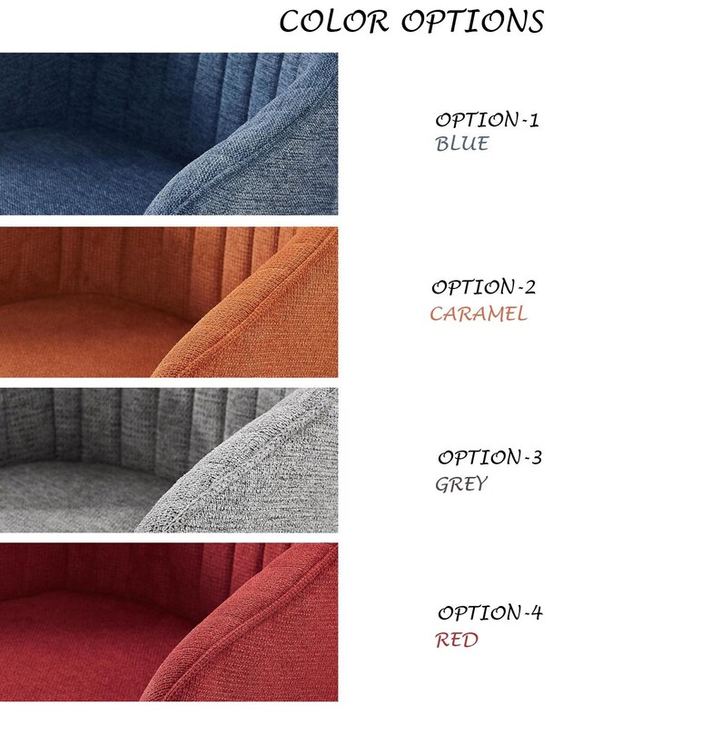 Może przedstawiać: Obraz przedstawiający cztery opcje kolorystyczne krzesła: niebieski, karmelowy, szary i czerwony. Tekst "COLOR OPTIONS" znajduje się na g&oacute;rze. Każdy kolor jest oznaczony jako "OPTION" i nazwą koloru.