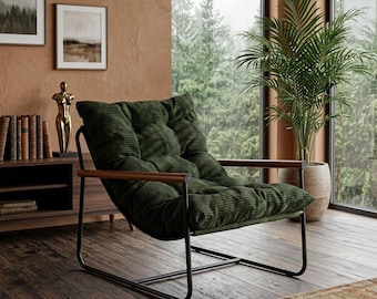 Sillón moderno de pana, sillón verde acogedor con reposabrazos de madera, asiento minimalista para sala de estar, sillón cómodo para leer en el dormitorio.