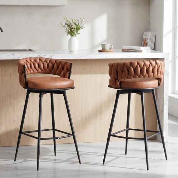 Bar Stools Set of 2, Modern Faux Suede Barstools with Woven Back and Metal Leg Chair for Kitchen Island, Coffee Bar
