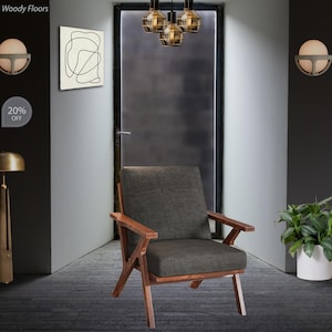 Accent Wooden Chair, Faux Leather Brown Chair, Mid-Century Modern Chair, Leather Armchair, Brown Reading Chair, Comfy Upholstered Grey Chair image 4