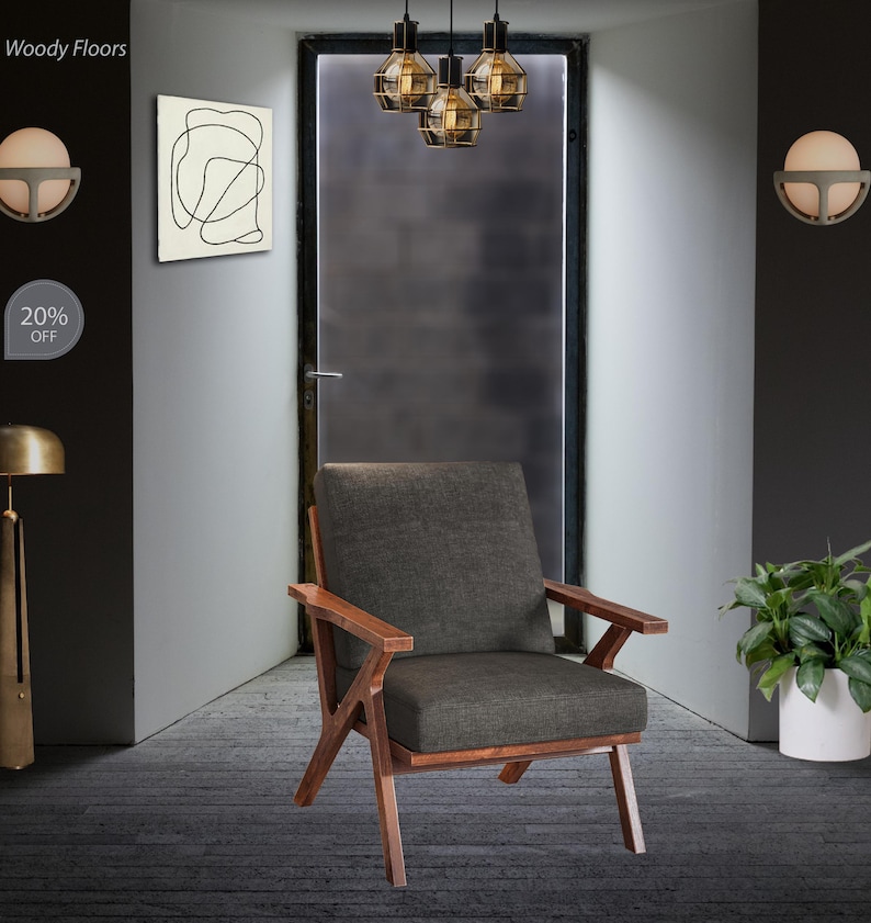 Accent Wooden Chair, Faux Leather Brown Chair, Mid-Century Modern Chair, Leather Armchair, Brown Reading Chair, Comfy Upholstered Grey Chair image 4
