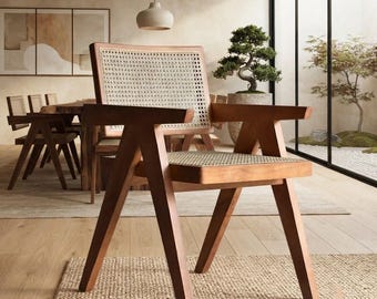 Japandi Natural Rattan Dining Chair, Solid Walnut Wood Frame Kitchen Armless Chair, Handcrafted Cane Woven Dining Room Side Seating