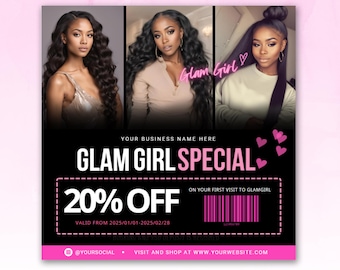 May include: A promotional graphic with three women and the text "Glam Girl Special." The graphic is black with pink accents, including the text "20% OFF" and a barcode. The offer is valid from 2025/01/01 to 2025/02/28.