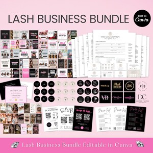 May include: A collection of lash business marketing materials, including social media templates, certificates, price lists, and payment options. The design features a pink and black color scheme with the text "LASH BUSINESS BUNDLE" and "EDIT IN Canva".