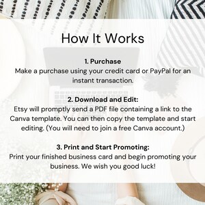 May include: Graphic showing the steps to use a business card template. The text reads "How It Works" and details purchasing, downloading, and editing the template. Instructions include using a credit card or PayPal and printing the finished card.