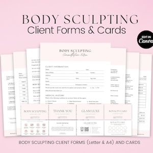 Puede incluir: Un conjunto de formularios y tarjetas de clientes de escultura corporal imprimibles. Los formularios incluyen un formulario de consulta, un formulario de historial médico y una tarjeta de agradecimiento. Las tarjetas incluyen una tarjeta glam luxe y una tarjeta de fidelidad. Los formularios y las tarjetas están diseñados en un estilo minimalista con un esquema de color rosa y blanco.