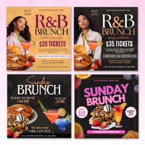 May include: Four Instagram post designs for a Sunday brunch event. The first two posts feature a woman holding a mimosa and a croissant, with the text "R&B Brunch" and "£35 Tickets". The third post features a plate of waffles and a mimosa with the text "Sunday Brunch" and "Every Sunday 11AM-5PM". The fourth post features a plate of waffles and a mimosa with the text "Sunday Brunch" and "£25 Tickets".