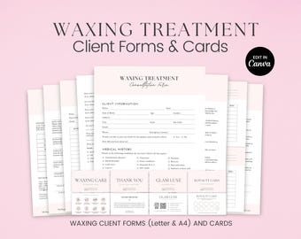 May include: A set of printable waxing treatment forms and cards. The forms include a client consultation form, a medical history form, a waxing care guide, and a thank you card. The cards include a glam luxe card and a royalty card. The forms and cards are designed in a minimalist style with black text on a white background.