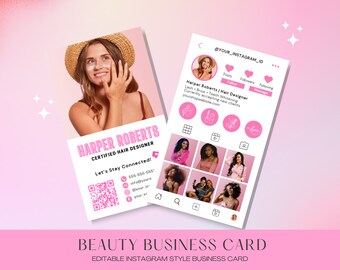 Wizytówki na Instagramie DIY dla fryzjerów, Kod QR, Informacje kontaktowe, Edytowalne karty, Różowo-biały wzór, Rzęsy MUA Esthetician