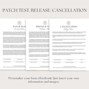 May include: Three printable forms for a business, with the titles "Patch Test Consent Form", "Photo & Video Release Form", and "Cancellation Policy Form". Each form has a decorative floral design and includes spaces for client and business information.