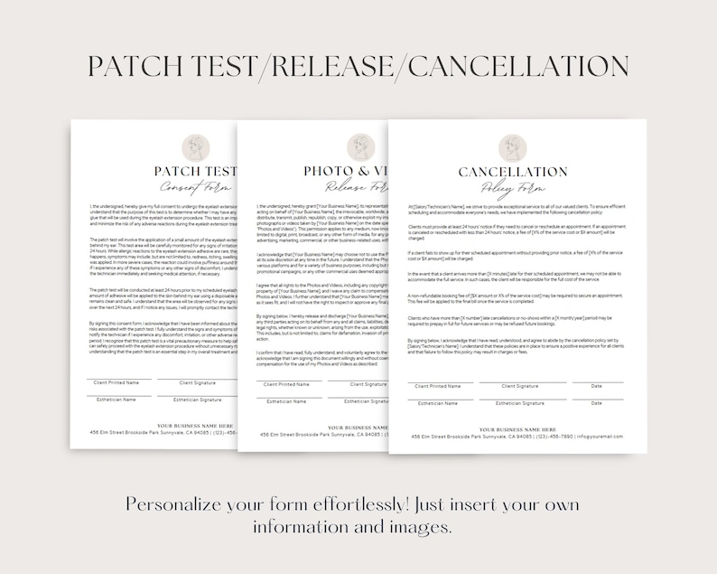 May include: Three printable forms for a business, with the titles "Patch Test Consent Form", "Photo & Video Release Form", and "Cancellation Policy Form". Each form has a decorative floral design and includes spaces for client and business information.