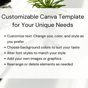 May include: A white graphic with the text "Customizable Canva Template for Your Unique Needs." Bullet points detail customisation options: text size/colour, background colours, font styles, images, and element rearrangement.