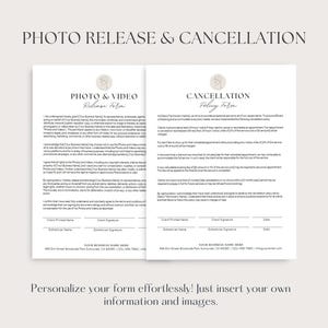 Puede incluir: Un formulario de liberaci&oacute;n de fotos y pol&iacute;tica de cancelaci&oacute;n imprimible con un dise&ntilde;o floral. El formulario incluye secciones para la informaci&oacute;n del cliente, la firma y la fecha.