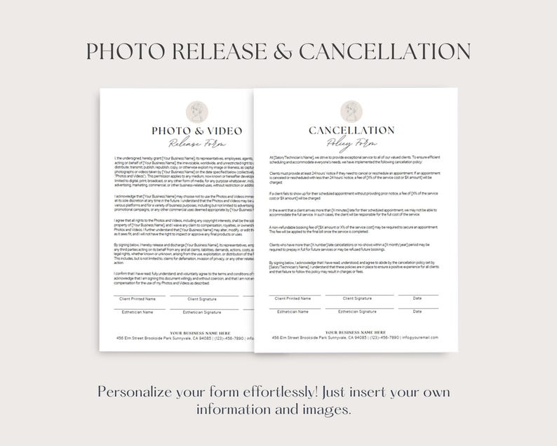 Puede incluir: Un formulario de liberaci&oacute;n de fotos y pol&iacute;tica de cancelaci&oacute;n imprimible con un dise&ntilde;o floral. El formulario incluye secciones para la informaci&oacute;n del cliente, la firma y la fecha.