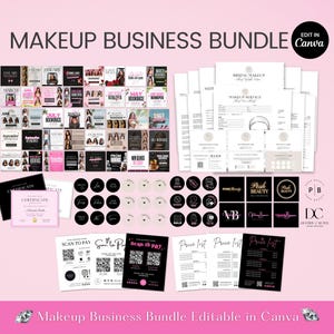 May include: A makeup business bundle with various marketing materials. Includes social media templates, business cards, price lists, certificates, and scan-to-pay QR codes. The bundle is editable in Canva and features a pink and black color scheme.