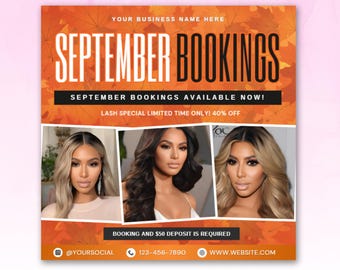 September Booking Flyer, Fall Booking Flyer, Autumn, Fall Sale September Booking Flyer, Nails, Hair, Lash, Makeup Braids Flyer, Book Now