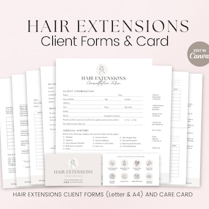 Formulaires d'extension de cheveux, Consultation de consentement pour la pose d'extensions de cheveux, Carte de soins capillaires, Formulaires de coiffure, Formulaires de coiffeur, Formulaires de salon de coiffure