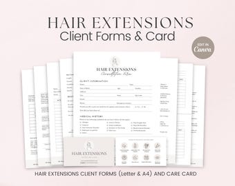 May include: A collection of white hair extension client forms and a care card. The forms include sections for client information and medical history. The card features the business name and hair extension icons. The text "Hair Extensions" is displayed.