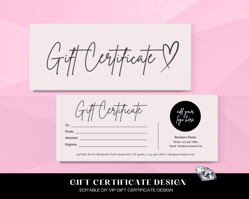 May include: A printable gift certificate template with a black and white design. The template includes a heart, the text "Gift Certificate", and space for the recipient's name, the amount, and the expiration date. The template also includes space for a business name, phone number, and email address.