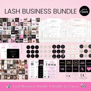 May include: A pink and black business bundle for lash artists. The image includes marketing materials, certificates, price lists, and logos. The text includes "Lash Business Bundle" and "Edit in Canva".