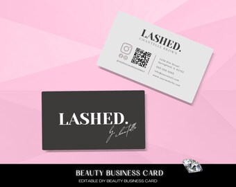 Business Card Template, Lash Business Card Design, Hair Stylist Lash Nail Makeup QR Code Business Card, Canva Templates, Glam Business Card