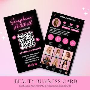 Instagram Business Cards, DIY Canva Template Design, Black And Pink Lash Card, MUA Boutique Cards, Premade Lash Beauty Business Card QR Code