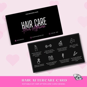 Soins après-vente pour extensions de cheveux, Guide d'entretien pour extensions de cheveux, Carte d'entretien pour salon de coiffure, Carte de cheveux imprimable, Instructions de coiffure modifiables