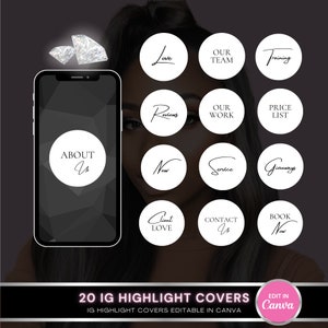 May include: 20 Instagram highlight covers with black text on white circles. The covers include text such as "About Us", "Client Love", "New", "Our Team", "Price List", "Book Now", "Contact Us", "Giveaways", "Reviews", "Our Work", "Love", "Training", and "Service".