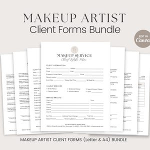 Può includere: Un set di moduli per clienti di truccatori stampabili in uno schema di colori bianco e grigio. I moduli includono informazioni sul cliente, servizi di trucco, prezzi dei servizi e una sezione per i depositi. I moduli sono disponibili in formato lettera e A4. Il testo sui moduli recita "Modulo di registrazione clienti del servizio di trucco", "Informazioni sul cliente", "Servizi di trucco", "Prezzi dei servizi" e "Moduli per clienti di truccatori (lettera e A4) Bundle".