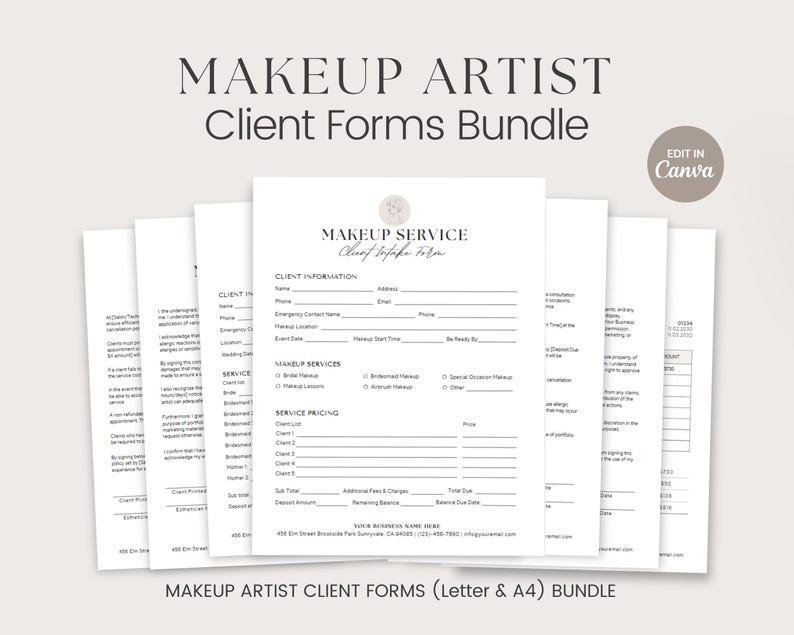 May include: A set of printable makeup artist client forms in a white and grey colour scheme. The forms include client information, makeup services, service pricing, and a deposit section. The forms are available in letter and A4 sizes. The text on the forms reads "Makeup Service Client Intake Form", "Client Information", "Makeup Services", "Service Pricing", and "Makeup Artist Client Forms (Letter & A4) Bundle".