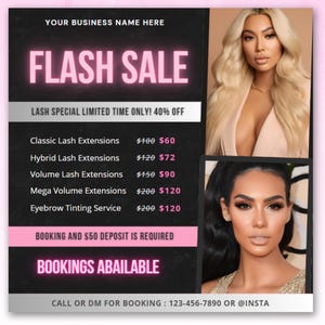 DIY Flash Sale Flyer, Special Sale Flyer Hair Nails Lash Wigs Makeup Braids Hairstylist Boutique Salon Business Promo Shop Now Book Now