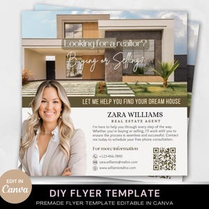 May include: A brown and white real estate flyer template with a photo of a woman in front of a house. The flyer says "Looking for a realtor? Buying or Selling? Let me help you find your dream house." The flyer also includes the name Zara Williams, Real Estate Agent, and contact information.