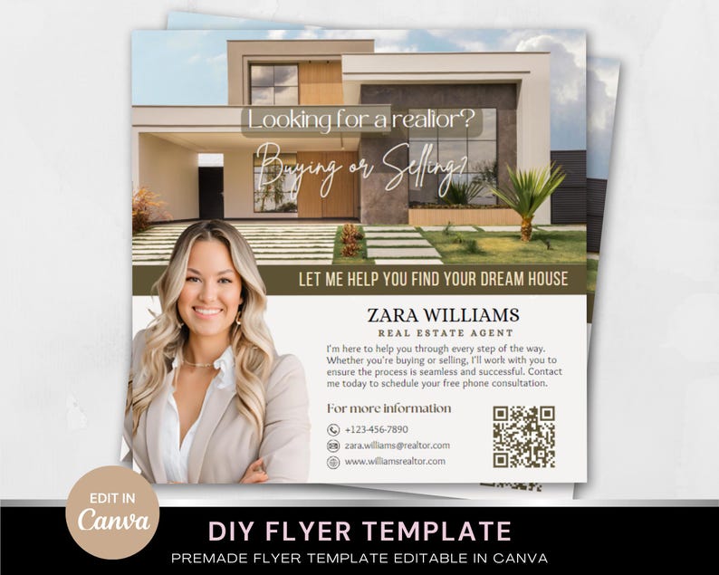 May include: A brown and white real estate flyer template with a photo of a woman in front of a house. The flyer says "Looking for a realtor? Buying or Selling? Let me help you find your dream house." The flyer also includes the name Zara Williams, Real Estate Agent, and contact information.