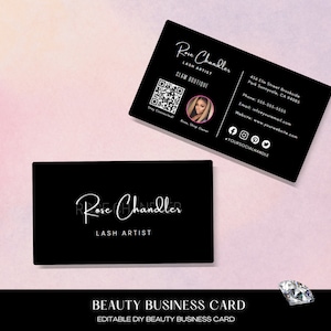 Carte de visite de luxe moderne, Modèle de carte de visite glamour, Carte de visite avec code QR Instagram, Cheveux, Tresses, Cils, Manucure, Boutique de maquillage