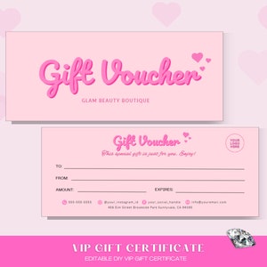 DIY Gift Certificate, Canva Template, Gift Voucher Pink, Gift Certificate, Beauty, Hair, Lashes, Salon, Nails, Makeup, Spa, Boutique