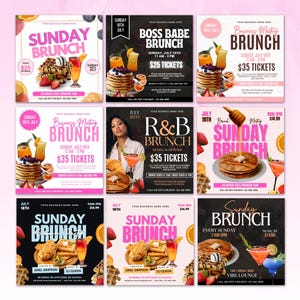 Puede incluir: Una colección de nueve folletos promocionales para eventos de brunch. Cada folleto presenta imágenes de panqueques, gofres, frutas y cócteles. Los folletos tienen texto que incluye "Sunday Brunch", "Boss Babe Brunch" y "R&B Brunch".