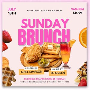 Peut inclure: Une affiche rose et blanche annonçant un brunch dominical. L'affiche présente une cuisse de poulet frite, des gaufres, un verre de jus d'orange et des fraises. Le texte sur l'affiche indique "Brunch du dimanche", "Animé par Ariel Simpson", "Musique par DJ Queen", "6 € les boissons, 9 € les amuse-gueules, 5 € le narguilé", "456 Brunch Street Brookside Park", et "Plus d'infos : +123-456-7890".