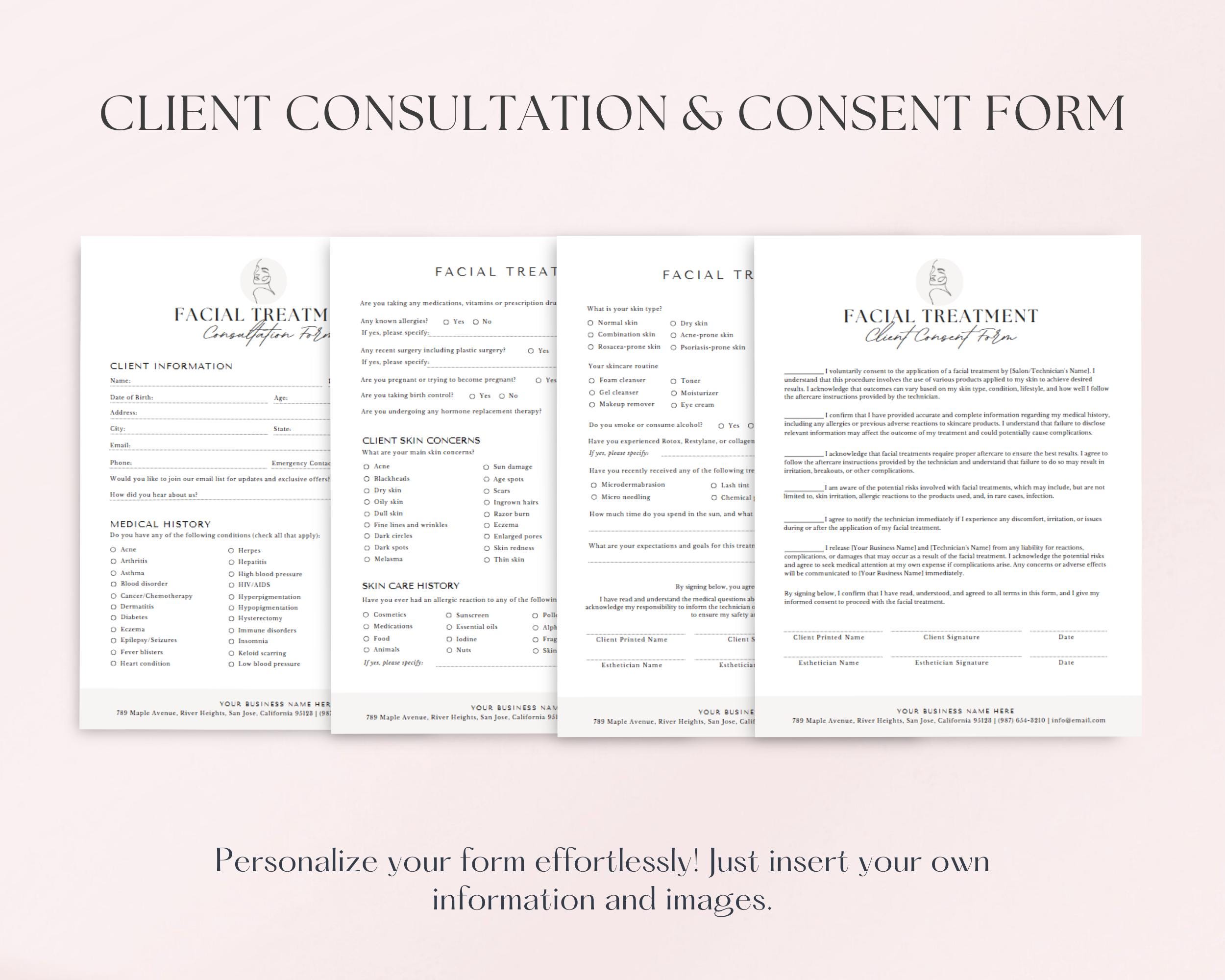Facial Paperwork Facial Treatment Forms, Editable Facial Consultation Form, Printable ...