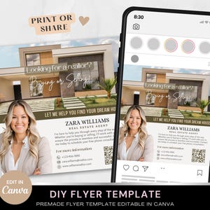 May include: A real estate agent flyer template with a photo of a house and a woman. The flyer includes the text "Looking for a realtor? Buying or Selling? Let me help you find your dream house." The flyer also includes the agent's name, contact information, and a QR code.
